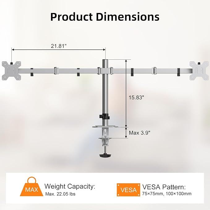 Pholiten Dual Monitor Stand, Heavy Duty Adjustable Monitor Arm Desk Mount for 2 Screens up to 42Inches, Tilt, Swivel, Rotate, Supports Tilt, Swivel, Rotate, Supports 22 lbs per Arm,Silver