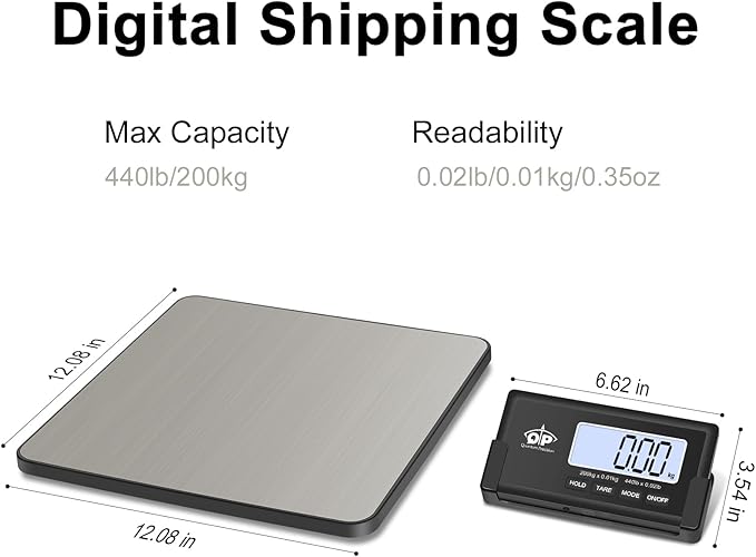 QP Shipping Scale, 440 lb/0.35 oz High Accuracy Digital Postal Scale, Postage Scale, Wireless LCD Display, Hold/Tare Function, Lightweight Scale for Packages/Luggage/Pet, Battery & AC Adapter Included