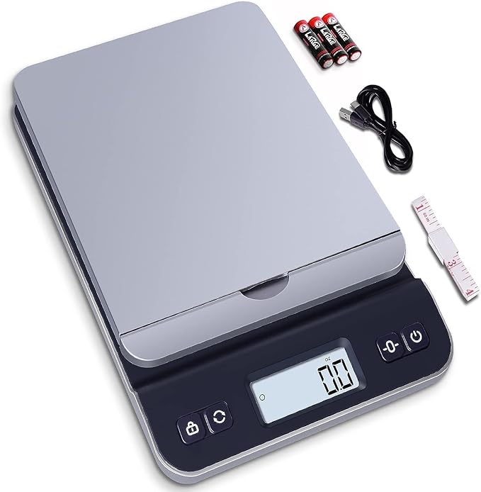 QP Shipping Scale, 86lb/0.1oz High Accuracy Digital Postal Scale for Packages, Hold/Tare Function, Backlit LCD Display, Flip-up Holder, Postage Scale, Mail Scale, Battery & Tape Measure Included