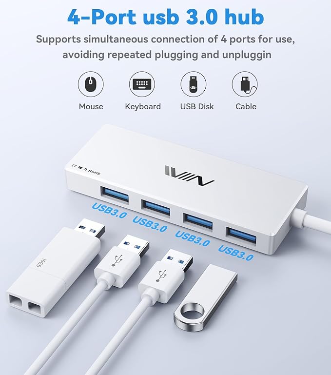 USB 3.0 Hub,4 Port USB Splitter Extender Portable Adapter Multiport Data Hub for Laptop,Xbox, Flash Drive,HDD,Console,Camera,Keyborad,Mouse Windows,Mac OS PC,Not Designed to Charge Devices-White
