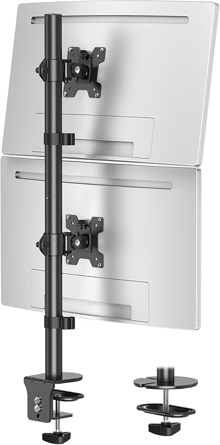 MOUNTUP Dual Monitor Stand, Vertical Monitor Mount for 2 Max 32 inch Stack Screen Monitors, Height Adjustable, Swivel, Tilt Monitor Desk Mount with C Clamp Grommet Base, MU3004