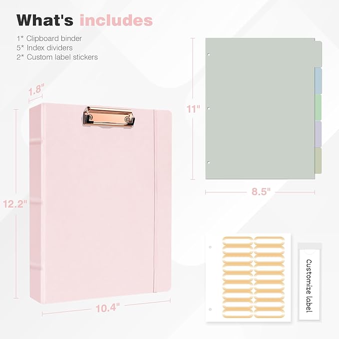 Ospelelf 3 Ring Binder with Clipboard 2 Inch Leather Binder for Letter Size (8.5" x 11"), Clipboard Binder with 5 Tab Dividers Back to School Supply, Pink