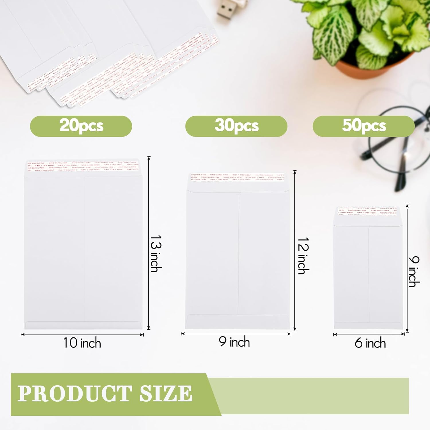 100 Pcs 3 Sizes Catalog Mailing Envelopes, Peel and Seal, Anti Tear Kraft Paper Printable Catalog Envelope for Filing, Storing or Mailing Documents, 6 x 9 In, 9 x 12 In, 10 x 13 In (White)