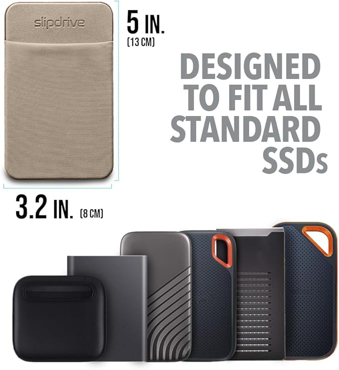 Slipdrive - Portable Hard Drive Sleeve for Laptop - SSD Solid State Drive - Reusable Adhesive - 5” x 3.2” Stick on External Hard Drive Carrying Case - Travel Pocket Pouch (Small, Sand Stone)