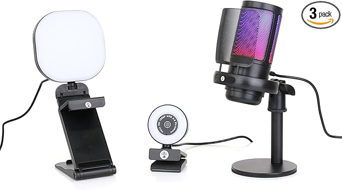 Live Streaming Kit- Perfect for Streaming Video Games on Twitch, YouTube, Podcasts and Working from Home. includes 1920x1080p Webcam, Professional USB Microphone, and One LED Multi-Color Light