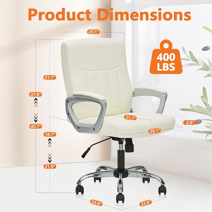 CLATINA Office Computer Desk Chair Executive Mid Back Chair Comfortable Ergonomic Managerial Chair Adjustable PU Leather Home Office Desk Chair Swivel, White 1PK