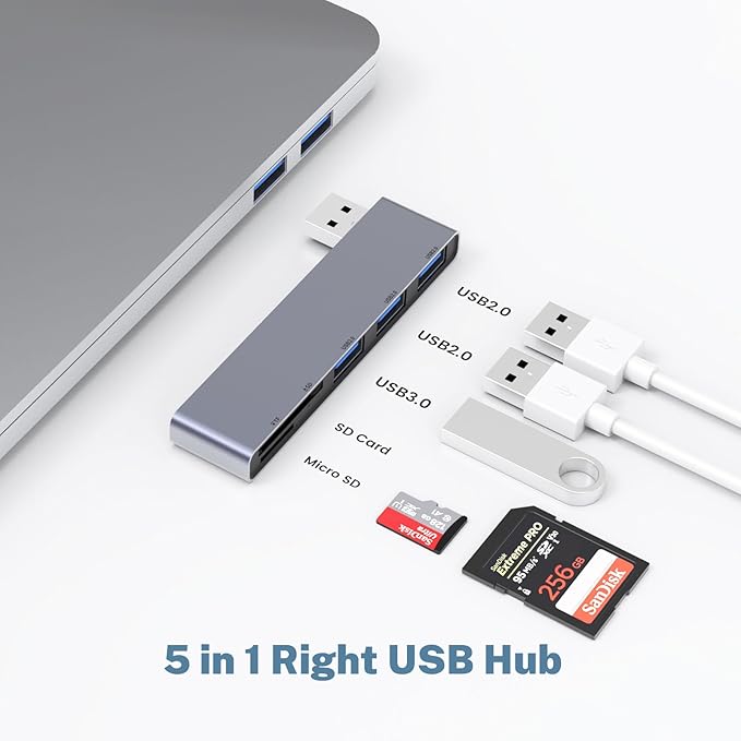 Fidioto USB A Hub, Networking Hubs Right Model 5-in-1 Adapter with 1 USB3.0 &2 USB2.0 & Micro SD/TF Card Reader, Compatible for Laptop MacBook, Chromebook, Dell, HP, Samsung, Keyboard, Mouse Etc.