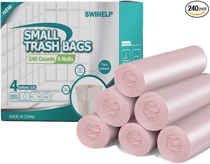 SWIHELP Trash Bags, 4 Gallon / 15 Liters Small Garbage Bags for Office, Kitchen,Bedroom Waste Bin,Colorful Portable Strong Rubbish Bags,Wastebasket Bags 240 Counts