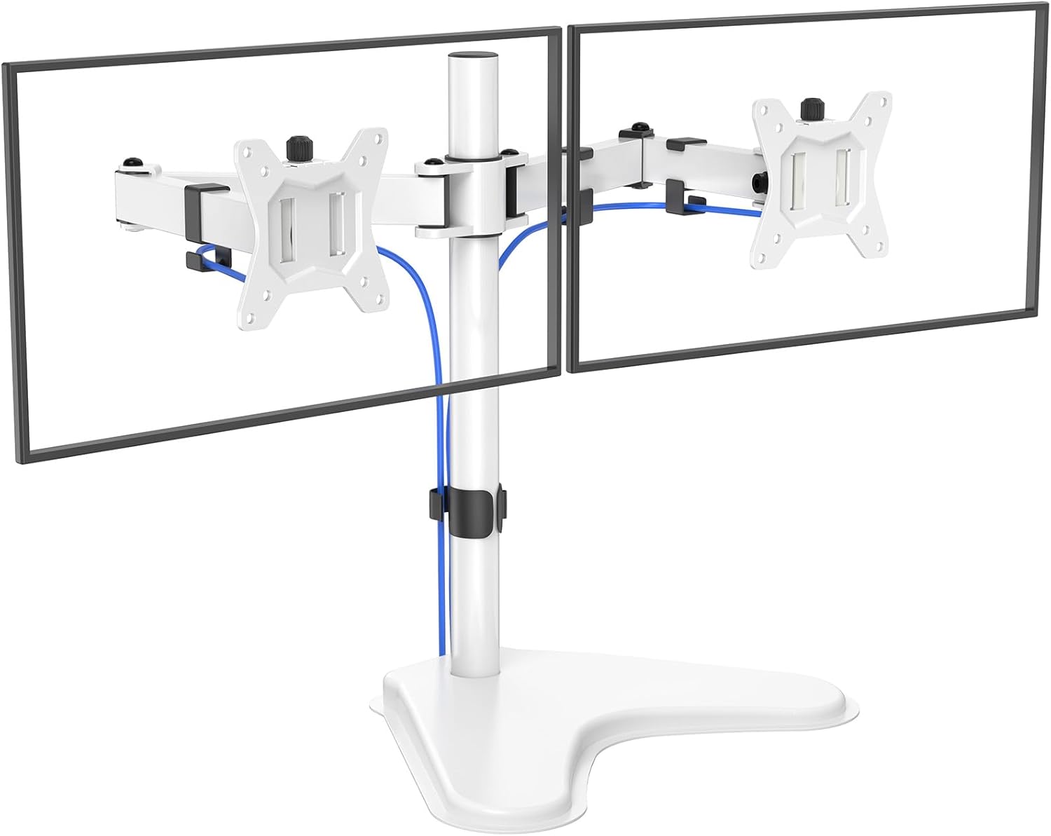 HUANUO 32 inches Dual Monitor Stand up to 17.6lbs, High-Grade Aluminum Free-Standing Dual Monitors Mount for 2 Screens. Fully Adjustable Dual Monitor Stand for Desk with Tilt, Swivel, Rotation, White