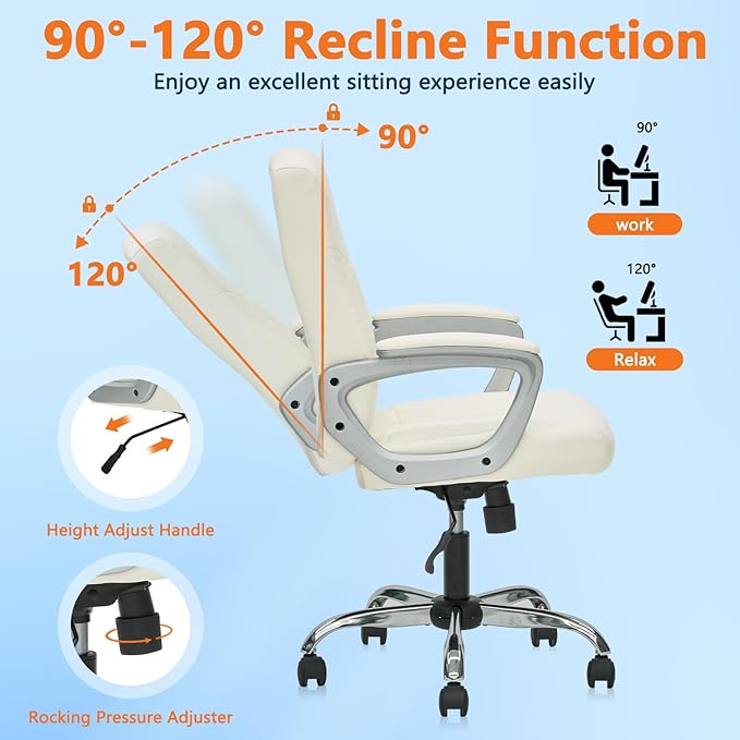 CLATINA Office Computer Desk Chair Executive Mid Back Chair Comfortable Ergonomic Managerial Chair Adjustable PU Leather Home Office Desk Chair Swivel, White 2PK