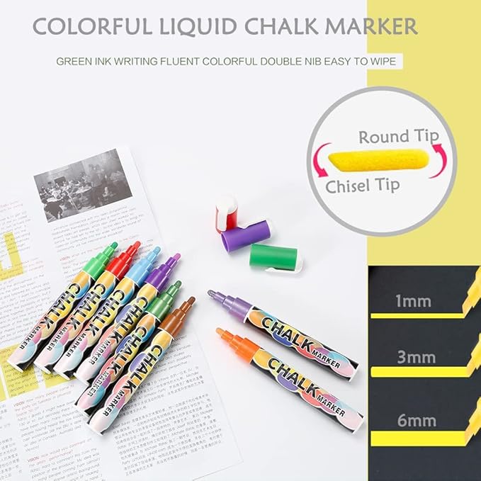 SMOOTHERPRO Liquid Chalk Marker Set 8 Colors 6mm Hightlight Blackboard Colorful Markers for Store Promotion, Menu Board, Art Decoration, Advertisement, Chalkboard (Black)