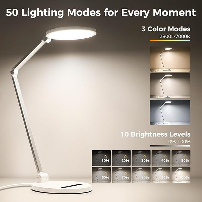 LED Desk Lamp for Home Office, Eye-Caring Desk Light for Video Call, Dimmable 3 Color Temperature 10 Brightness Computer Light, Led Desk Light, Memory & Timer Func, Adjustable Flexible Swing Arm