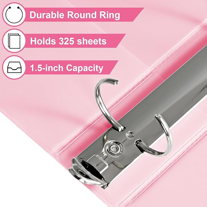 1.5-inch 3 Ring Binder with 2 Pockets, Premium 1.5'' Binders Holds US Letter Size 8.5'' x 11'' Paper - Versatile Binders for Office, Home, and School Use, 6 Pack (1.5-inch Pink)