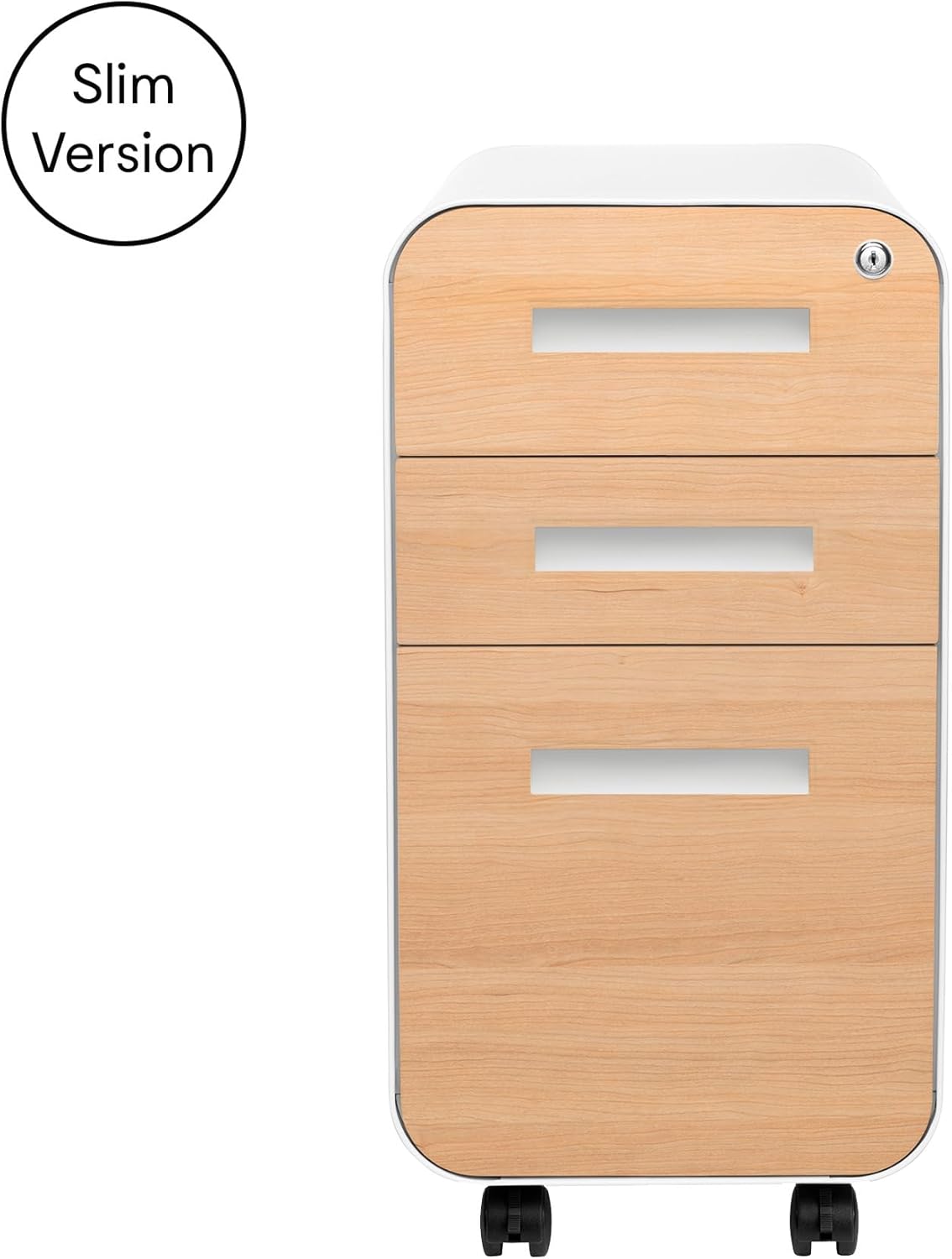 Laura Davidson Furniture Stockpile Slim 3-Drawer Mobile File Cabinet with Lock - Under Desk Metal Filing Cabinet, Legal/Letter File Folders, Wheels & Stationary Feet, Assembled, White/Wood Faceplate