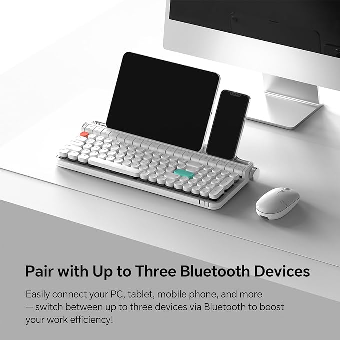 ACTTO B705 Retro Typewriter Keyboard Bluetooth,Vintage Mechanical Keyboard with Tablet Stand,LED Backlight 100 Keys Gaming Keyboard for Windows/macos/iOS/Android,Blue Switch (White)