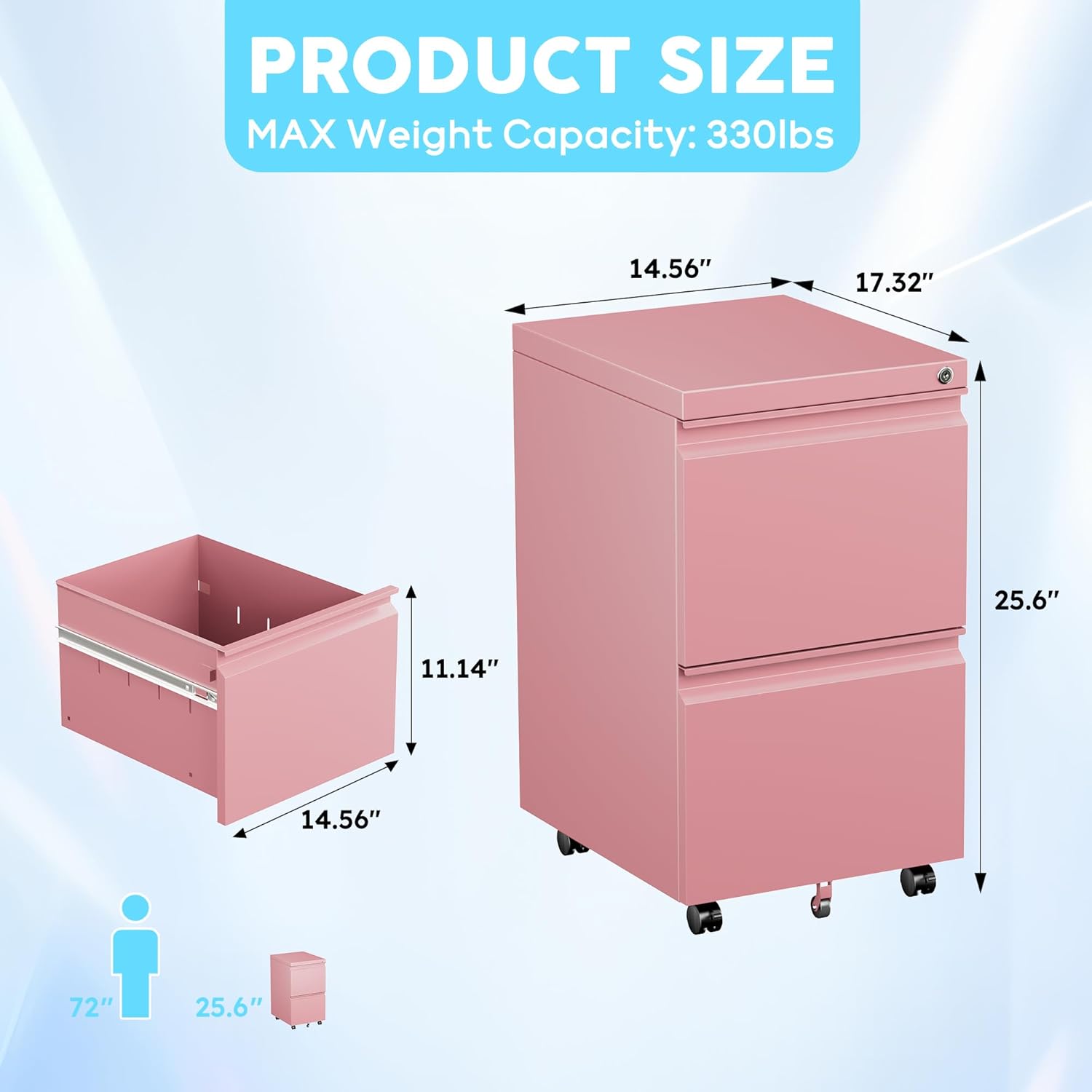 METAN 2 Drawer Vertical File Cabinet with Lock, Mobile Metal Filing Cabinet for Legal/Letter Size, Office Storage File Cabinet Under Desk, Fully Assembled Except Wheels,Pink