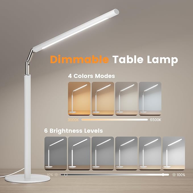 White LED Desk Lamp - Foldable Industrial Desk Light for Home Office, 15W Dimmable Table Lamp for Reading with Base, 4 Color Temps, 16" Eye Caring Metal Desktop Task Lamp for College Dorm Study