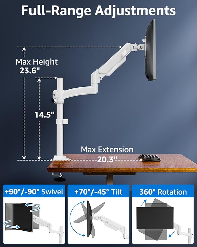Single Monitor Arm Holds 4.4-22lbs, Monitor Stand for Desk, Height Adjustable Monitors Mount for 32 27 24 22inch, Full-Motion Monitors Desk Mount with C-Clamp&Grommet Base, Freelift White