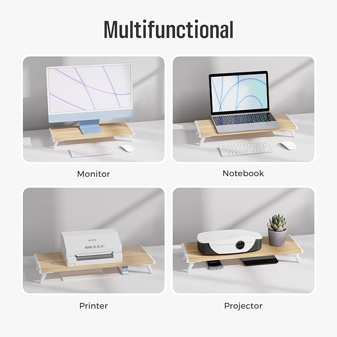 loukin Monitor Stand Riser for Desk, 22.4" x 8.3" Larger Computer Stand for Laptop, PC, Printer, Sturdy Desktop Computer Shelf with Non-Skid Rubber, Home Office, Natural Wood