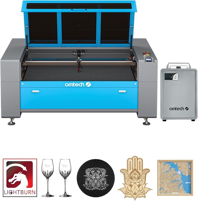 OMTech 150W CO2 Laser Engraver with LightBurn & Water Chiller, 63" x 40" Laser Engraving Cutting Machine with Autofocus Autolift 3 Way Pass Air Assist, Laser Cutter for Wood Glass Acrylic More