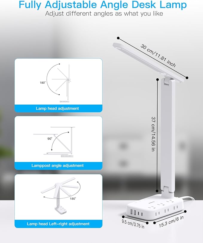 One Beat Desk Lamp with 6 Outlets 4 USB Ports(2×USB-C),Eye Protection Table Lamp Power Strip with 4 Color Modes 5 Brightness Touch LED Desk Lamps for Home Office College Dorm Room Essentials(White
