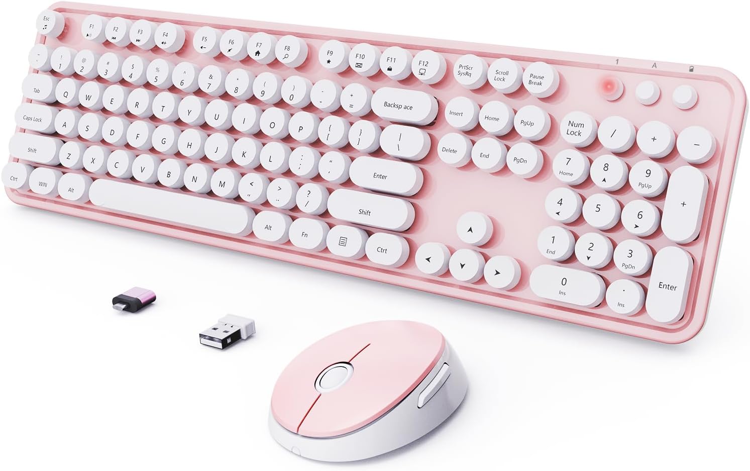 Wireless Keyboard and Mouse Combo, Ergonomic Full Size Typewriter Retro Round Keycaps Keyboard, Compatible with Windows, PC, Perfer for Home and Office Keyboards (Lovely Pink)