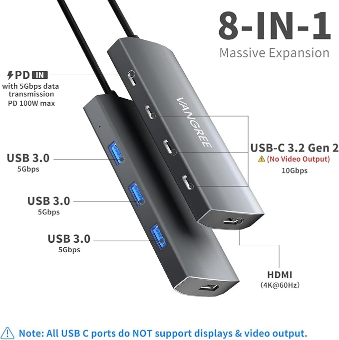 VANGREE USB C Hub, 3 USB 3.2 Gen 2 Ports with 10Gbps, 4K@60Hz HDMI, 100W Power Delivery, 3 USB-A 3.0 Ports, USB C Splitter Multiport Adapter Extender for MacBook Pro/Air, iPad Pro, Mac mini and More