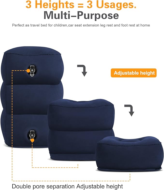 Sunany Inflatable Foot Rest Pillow for Travel, Kids/Adults Airplane Travel Pillow-Adjustable Height Cushions,for Kids to Sleep While Traveling,Suitable for Office, Home and Any Travel(Blue)