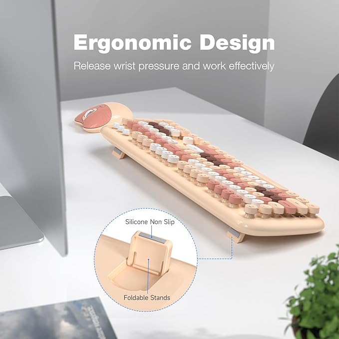 Wireless Keyboard and Mouse, Full Size Typewriter Keyboard and Cute Cat Shape Design Mouse Combo for Windows 7/8/10, Laptop, Desktop, PC, Computer (Milk Tea)