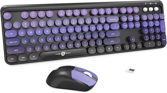 FOPETT Wireless Keyboard and Mouse Combo - 2.4G Full-Sized Cute Colorful Mouse and Keyboard with 104 Round Keys Retro Typewriter Keyboard for Laptop/Windows/PC - Purple Gradient