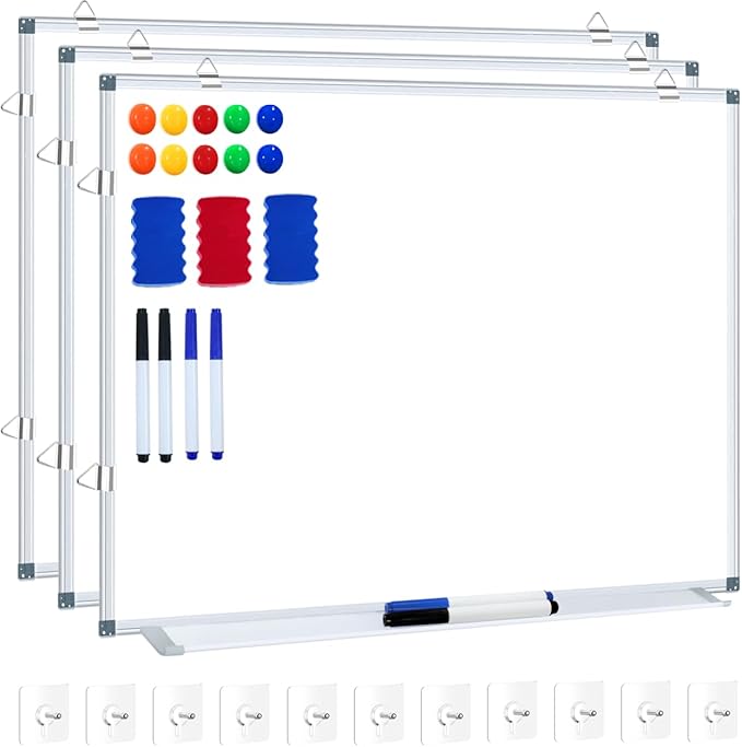H-Qprobd White Board Dry Erase Whiteboard for Wall 24x18 (3pcs) Magnetic Boards for Office Classroom & Home, Small Wall Whiteboard Including 6 Markers, 10 Magnets, 2 Erasers & 15 Adhesive Hooks