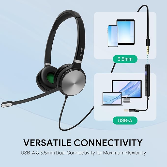 Yealink UH36 Professional USB Headset Wired Headphones for Work Calls and Music, Headset with Noise Cancelling Mic for Computer PC Laptop(UC Compatible, Mono,3.5mm Jack/USB Connection)