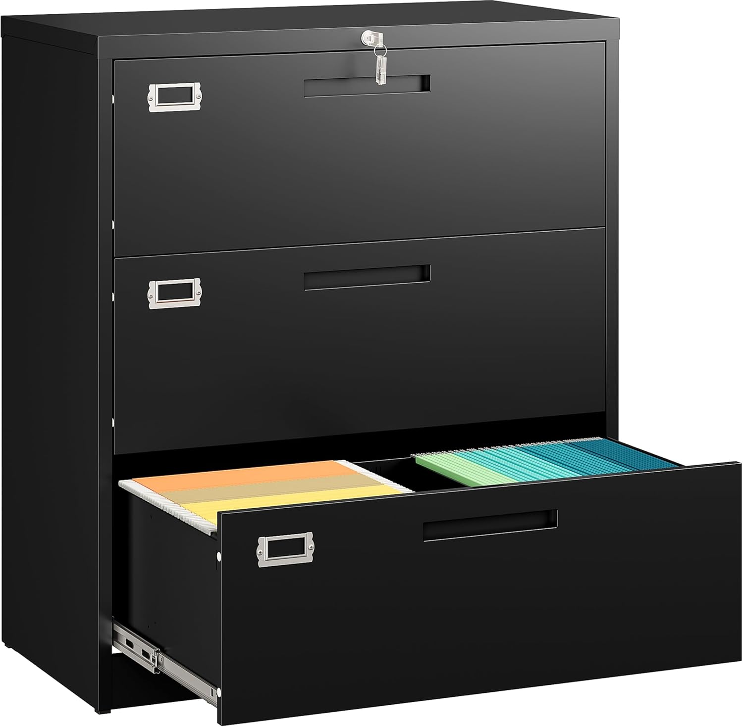 SISESOL 3 Drawer Lateral File Cabinet with Lock,Black Lateral Filing Cabinet,Horizontal Metal Filing Cabinets,Locked Wide Three Drawer File Cabinets for Office Home,Fit A4/F4/Letter/Legal File