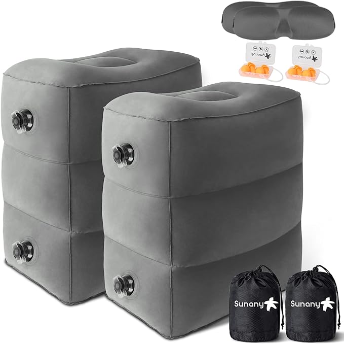 Sunany Inflatable Foot Rest Pillow for Airplane - Kids/Adults - Adjustable Height Cushions, to Sleep While Traveling,Suitable for Office,Home and Any Travel(Dark Grey,2 Pack)