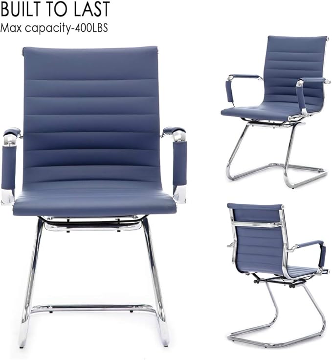 Reception Chairs Leather Conference Guest Chair Heavy Duty Back Support Office Chair, Set of 2 (Navy)