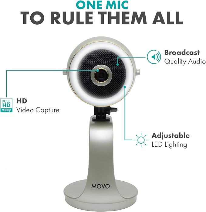 Movo WebMic HD Pro All-in-One Webcam with Mic and Ring Light in Silver- 1080p HD Camera, Pro Cardioid Condenser Microphone, LED Ring Light -HD Webcam for Streaming, Video Calls, Recording, Gaming