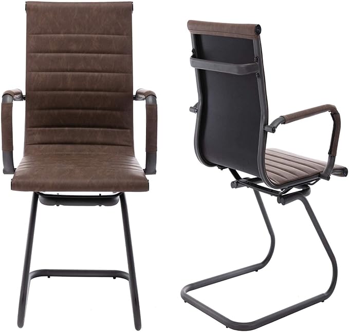 Office Desk Chair No Wheels Set of 6 PU Leather Computer Chairs Mid Back Guest Chairs for School Reception Conference Waiting Room, Vintage Brown