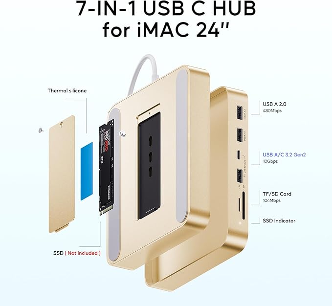 USB C HUB for iMac 24 inch 2021/2023/2024, PULWTOP USB Hub Adapter iMac Accessories for iMac M1/M3/M4 with USB C 10Gbps 3*USB A SD/TF, Docking Station Support Expand M.2 SSD (Not Included),Yellow