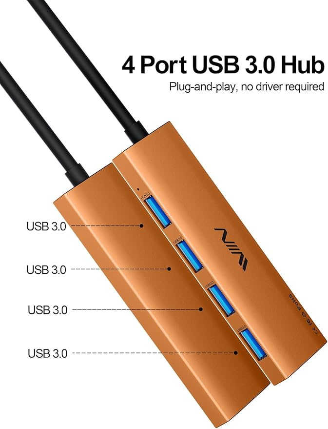 USB 3.0 Hub,4 Port USB Splitter Extender Portable Adapter Multiport Data Hub for Laptop,Xbox, Flash Drive,HDD,Console,Camera,Keyborad,Mouse Windows,Mac OS PC,Not Designed to Charge Devices-Orange