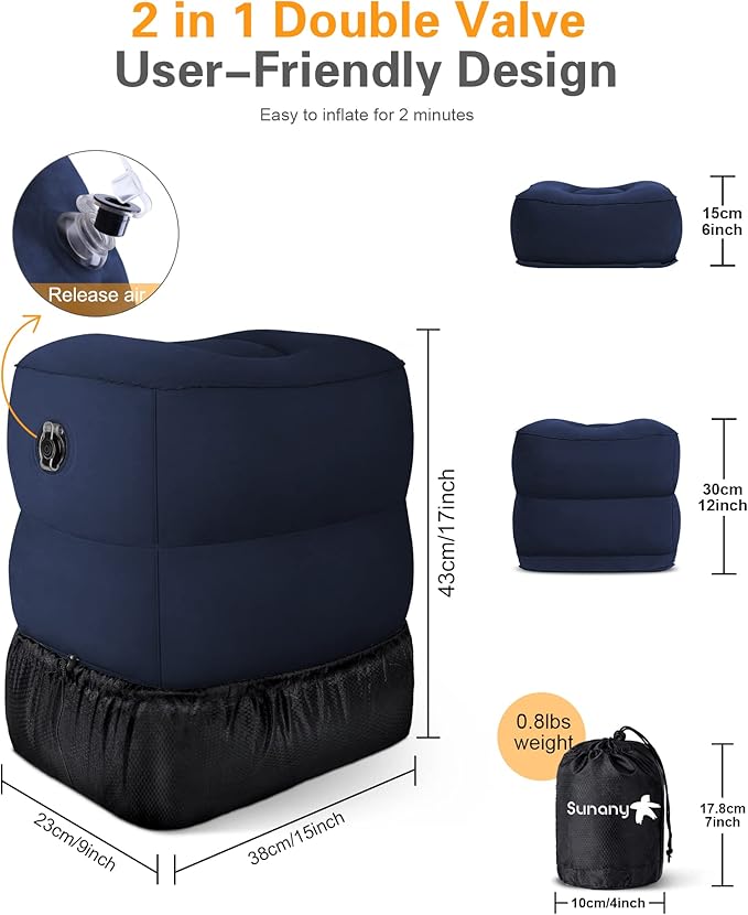Sunany Inflatable Foot Rest Pillow for Travel, Kids/Adults Airplane Travel Pillow-Adjustable Height Cushions,for Kids to Sleep While Traveling,Suitable for Office, Home and Any Travel(Blue)