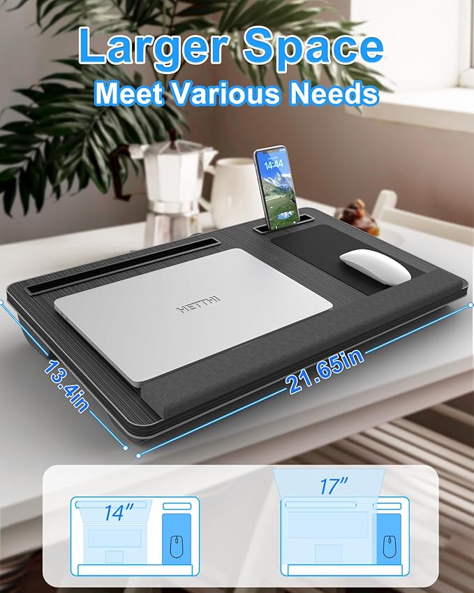 Laptop Lap Desk, Portable Large Laptop Desk for Bed, Up to 17 Inch Lap Pad Tray with Wrist Rest, Mouse Pad, Tablet Phone Slot, Portable Handle, Cushion (Black)