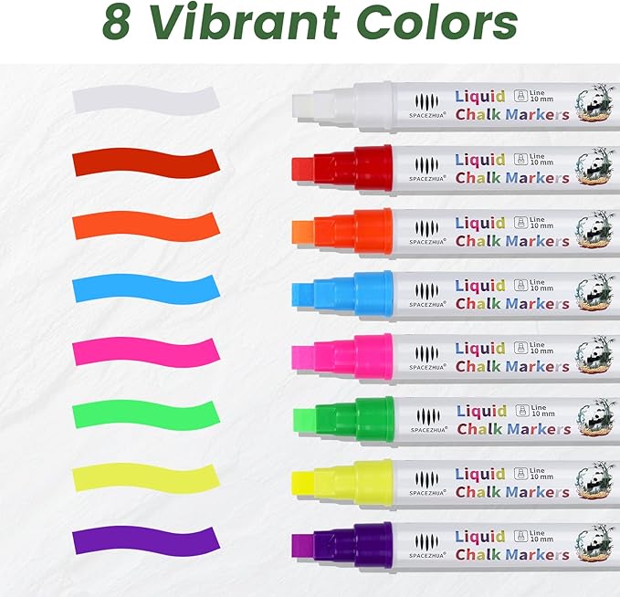 Jumbo Chalk Markers for Windows Washable, 8 Neon Colors Liquid Chalk Pens Erasable with 10mm Thick Tips for Auto, Glass, Mirror, Poster, Bistro, Blackboard, Car of DIY