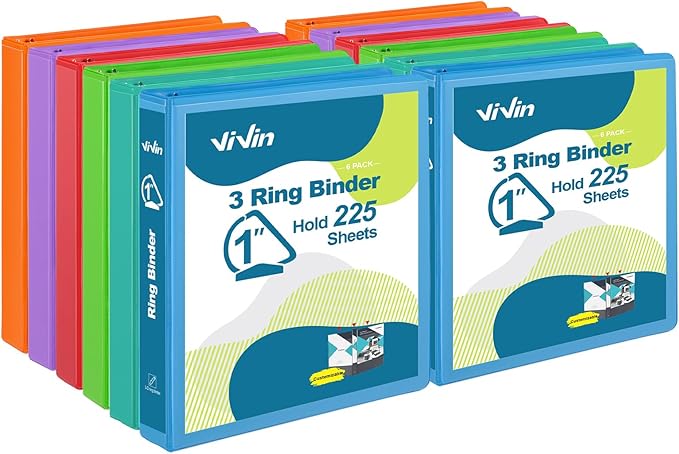 ViVin Sturdy 1 Inch D Ring Binders, 3 Ring Binders with 2 Pockets, Hold 225 Sheets of US Letter Size Paper for Office,Home,School, 12 Pack (Assorted)