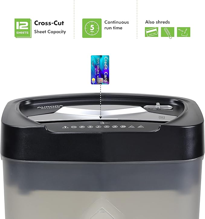 Aurora AU1232XB Anti-Jam 12-Sheet Crosscut Paper/Credit Card Shredder with 5.2-Gallon Wastebasket (Black/Semi Translucent Gray)
