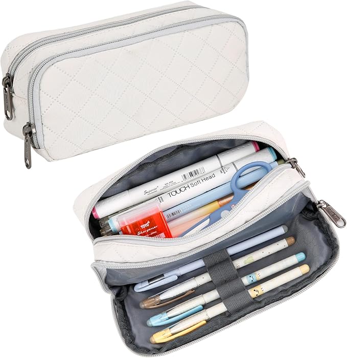 Della Gao Pencil Case Large Capacity Pencil Pouch Soft Quilted Pen Bag Office Stationery Organizer Sturdy Pencil Bag for Men Women - Beige