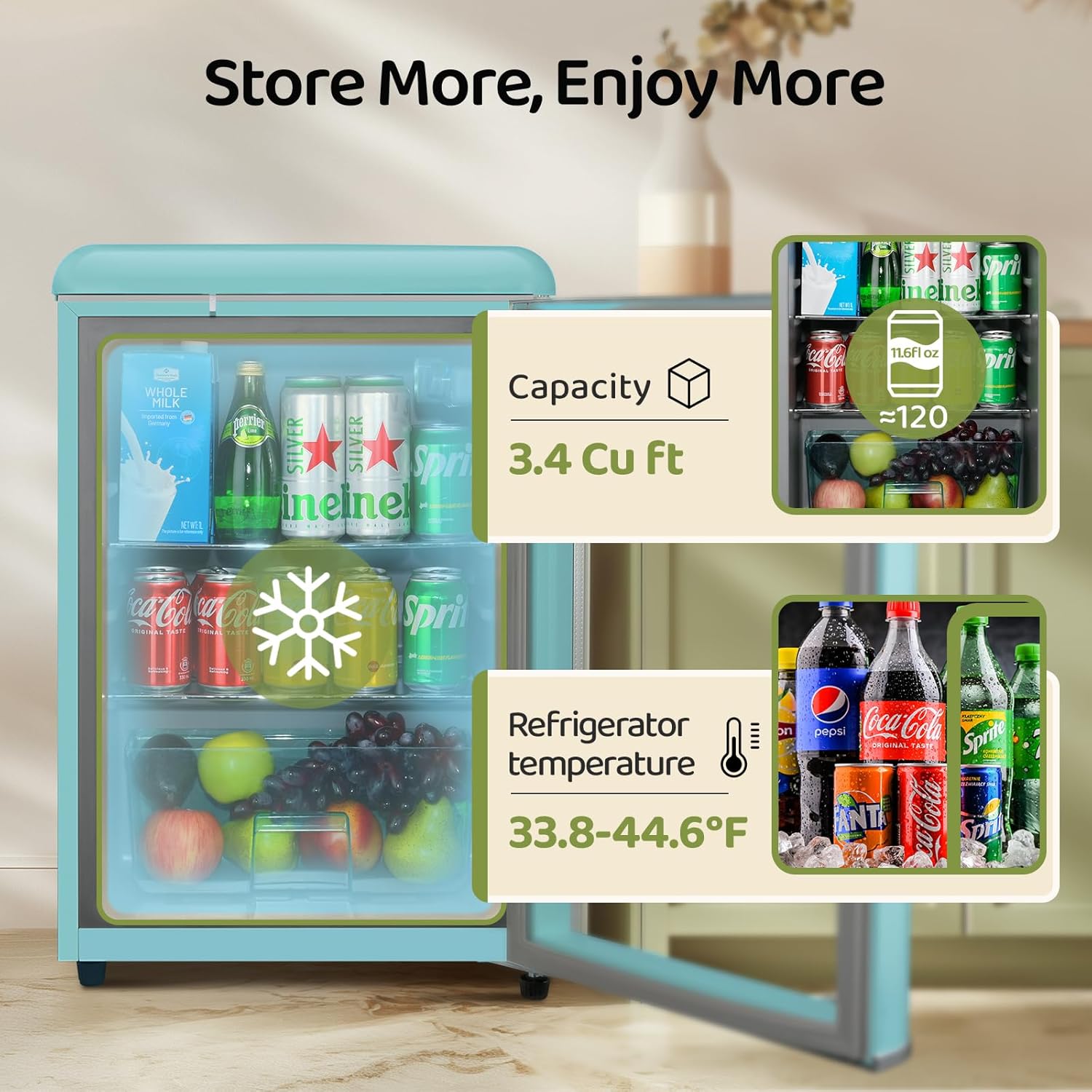 3.4 Cu.Ft Retro Small Beverage Refrigerator Cooler with Double Tempered Glass Door, 120 Can Wine Drink Beer Mini Fridge for Office Bedroom Bar with 7 Temperatures, Adjustable Shelves, Blue