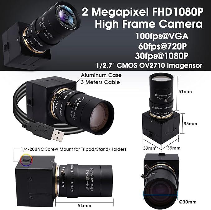 SVPRO 2MP USB Web Camera - 5-50mm 10X Optical Zoom Lens, CS Mount, 1080P HD CMOS, 100fps/60fps, UVC Mini Cam OTG, Drive Free PC Webcam