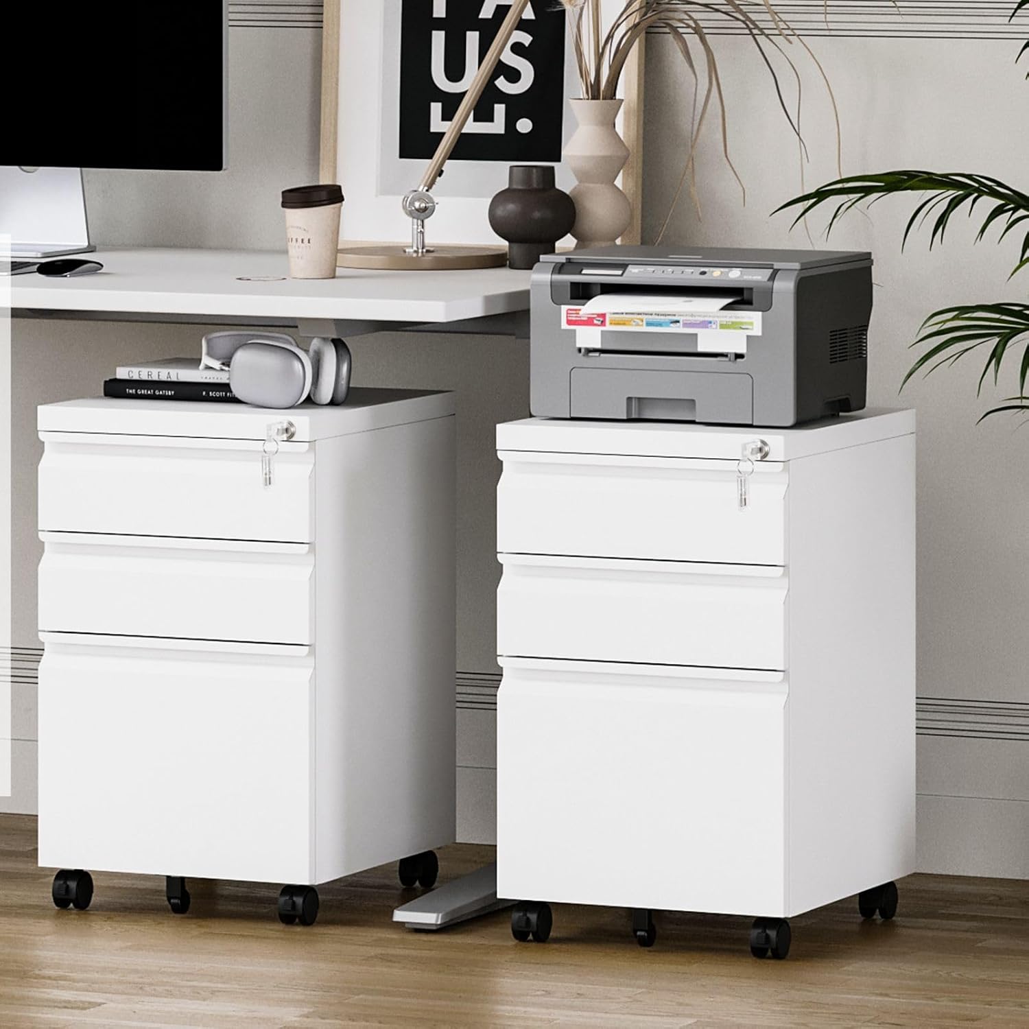 MIIIKO 3 Drawer File Cabinet, Rolling File Cabinet Under Desk, Metal Filing Cabinets for Home Office, Deep Drawers for Hanging Legal Letter Folders, Full Assembled Except Casters