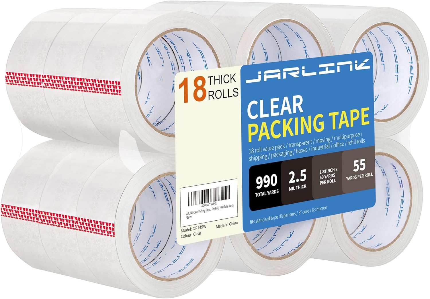JARLINK Clear Packing Tape (18 Rolls), Heavy Duty Packaging Tape for Shipping Packaging Moving Sealing, 1.88 inches Wide, 55 Yards Per Roll, 990 Total Yards