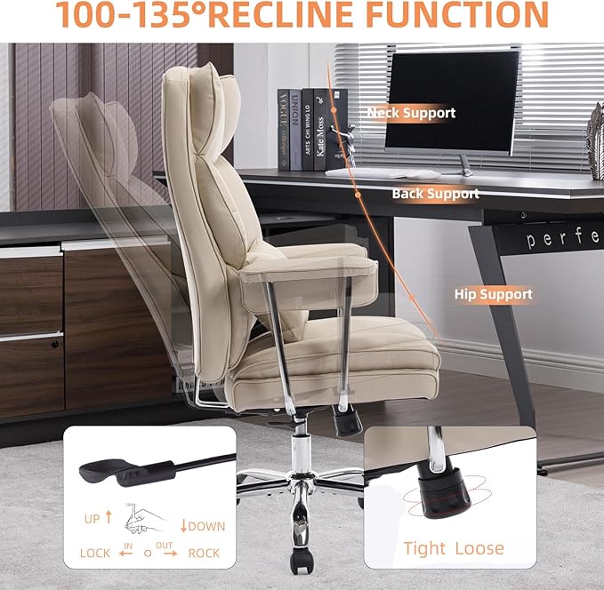 Big and Tall Office Chair 500lbs Wide Seat Executive Office Desk Chair High-Back Office Task Chair, Ergonomic Lumbar Support Computer Office Chairs for Heavy People(Beige)